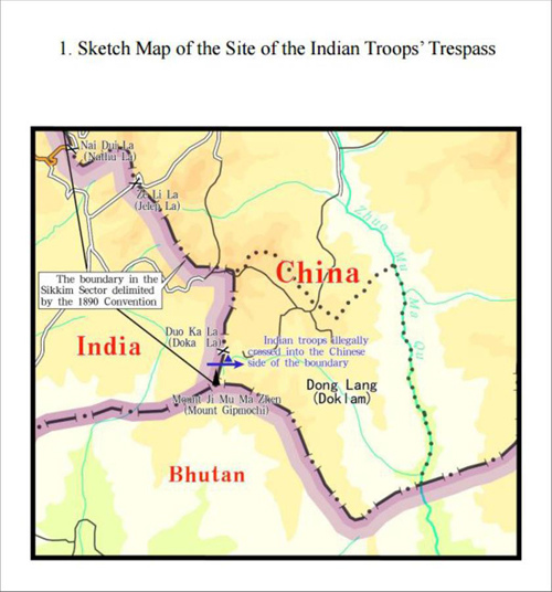The graphics shows an appendix released in the document titled The Facts and China's Position Concerning the Indian Border Troops' Crossing of the China-India Boundary in the Sikkim Sector into the Chinese Territory. (Xinhua/Qu Zhendong) The graphics shows an appendix released in the document titled The Facts and China's Position Concerning the Indian Border Troops' Crossing of the China-India Boundary in the Sikkim Sector into the Chinese Territory. (Xinhua/Qu Zhendong)