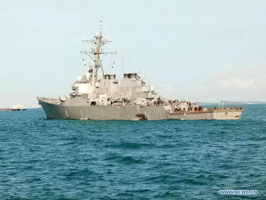 Photo provided by Malaysian Maritime Enforcement Agency on Aug. 21, 2017 shows the damaged U.S. navy destroyer John S. McCain. Malaysian authorities said Monday assets had been deployed to join the search and rescue operation after U.S. navy destroyer John S. McCain collided with a merchant vessel near the Strait of Malacca. (Xinhua) Photo provided by Malaysian Maritime Enforcement Agency on Aug. 21, 2017 shows the damaged U.S. navy destroyer John S. McCain. Malaysian authorities said Monday assets had been deployed to join the search and rescue operation after U.S. navy destroyer John S. McCain collided with a merchant vessel near the Strait of Malacca. (Xinhua)