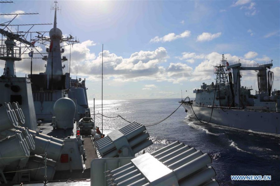 A Chinese naval formation conducts transverse replenishment of fuel and drinking water in western Indian Ocean waters on Aug. 25, 2017. A Chinese naval formation consisting of the destroyer Changchun, guided-missile frigate Jingzhou and supply vessel Chaohu conducted a live-fire drill in the waters of the western Indian Ocean, military sources said Friday. (Xinhua/Xu Shouming) A Chinese naval formation conducts transverse replenishment of fuel and drinking water in western Indian Ocean waters on Aug. 25, 2017. A Chinese naval formation consisting of the destroyer Changchun, guided-missile frigate Jingzhou and supply vessel Chaohu conducted a live-fire drill in the waters of the western Indian Ocean, military sources said Friday. (Xinhua/Xu Shouming)