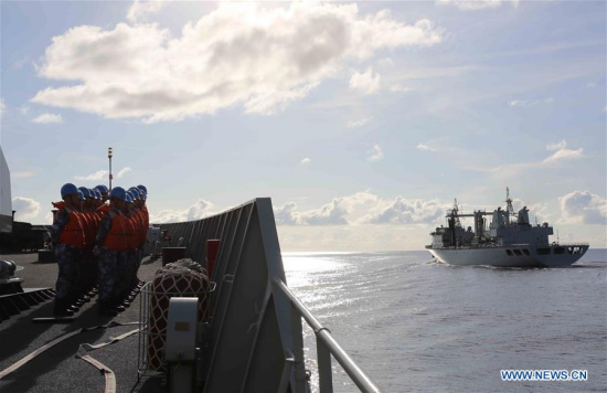A Chinese naval formation conducts transverse replenishment of fuel and drinking water in western Indian Ocean waters on Aug. 25, 2017. A Chinese naval formation consisting of the destroyer Changchun, guided-missile frigate Jingzhou and supply vessel Chaohu conducted a live-fire drill in the waters of the western Indian Ocean, military sources said Friday. (Xinhua/Xu Shouming) A Chinese naval formation conducts transverse replenishment of fuel and drinking water in western Indian Ocean waters on Aug. 25, 2017. A Chinese naval formation consisting of the destroyer Changchun, guided-missile frigate Jingzhou and supply vessel Chaohu conducted a live-fire drill in the waters of the western Indian Ocean, military sources said Friday. (Xinhua/Xu Shouming)