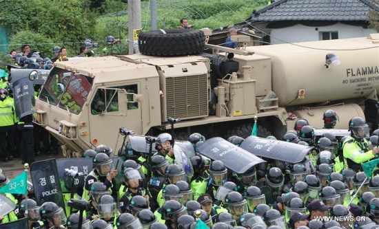 Elements of the U.S. Terminal High Altitude Area Defense (THAAD) missile interception system arrive in Seongju, South Korea, on Sept. 7, 2017. (Xinhua/Yao Qilin) Elements of the U.S. Terminal High Altitude Area Defense (THAAD) missile interception system arrive in Seongju, South Korea, on Sept. 7, 2017. (Xinhua/Yao Qilin)