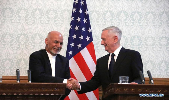 Afghan President Ashraf Ghani (L) shakes hands with visiting U.S. Defense Secretary James Mattis during a joint press conference in Kabul, capital of Afghanistan, Sept. 27, 2017. (Xinhua/Rahmat Alizadah) Afghan President Ashraf Ghani (L) shakes hands with visiting U.S. Defense Secretary James Mattis during a joint press conference in Kabul, capital of Afghanistan, Sept. 27, 2017. (Xinhua/Rahmat Alizadah)