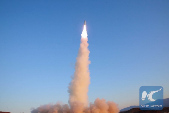File photo provided by Korean Central News Agency (KCNA) on Feb. 13, 2017 shows a test firing of a surface-to-surface medium- and long-range ballistic missile Pukguksong-2 on Feb. 12, 2017. (Xinhua/KCNA) File photo provided by Korean Central News Agency (KCNA) on Feb. 13, 2017 shows a test firing of a surface-to-surface medium- and long-range ballistic missile Pukguksong-2 on Feb. 12, 2017. (Xinhua/KCNA)