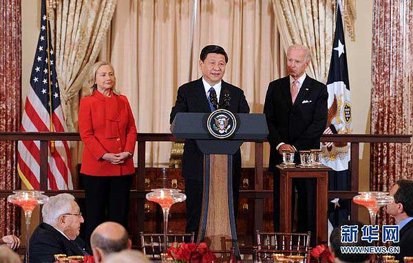 Visiting Chinese vice-president Xi Jinping speaks at a lunch reception joined by U.S. Vice-President Joe Biden and then U.S. Secretary of State Hillary Clinton in Washington on February 14, 2012. (Photo/Xinhua) Visiting Chinese vice-president Xi Jinping speaks at a lunch reception joined by U.S. Vice-President Joe Biden and then U.S. Secretary of State Hillary Clinton in Washington on February 14, 2012. (Photo/Xinhua)