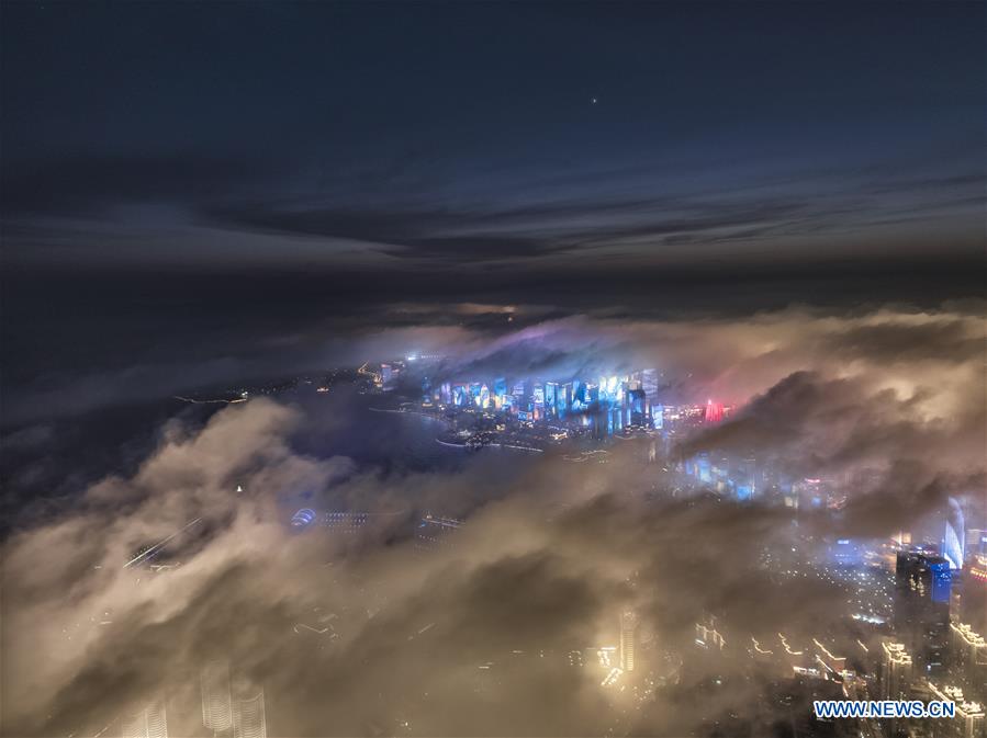 Aerial view of advection fog above Qingdao in east China's Shandong 