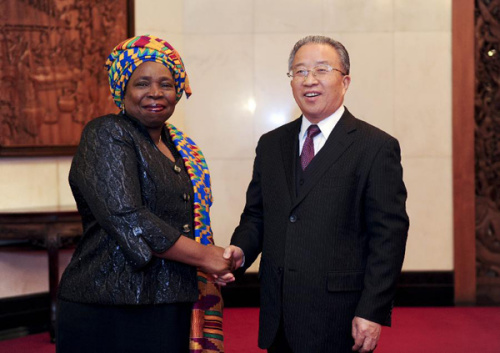 Chinese State Councilor Dai Bingguo (R) meets with AU Commission Chairperson Nkosazana Dlamini-Zuma in Beijing, Feb. 16, 2013. (Xinhu Photo)