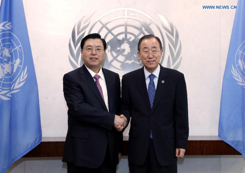 Zhang Dejiang (L), chairman of the Standing Committee of China's National People's Congress, meets with United Nations (UN) Secretary-General Ban Ki-moon at the UN headquarters in New York, the United States, Aug. 31, 2015. (Photo: Xinhua/Ju Peng) Zhang Dejiang (L), chairman of the Standing Committee of China's National People's Congress, meets with United Nations (UN) Secretary-General Ban Ki-moon at the UN headquarters in New York, the United States, Aug. 31, 2015. (Photo: Xinhua/Ju Peng)