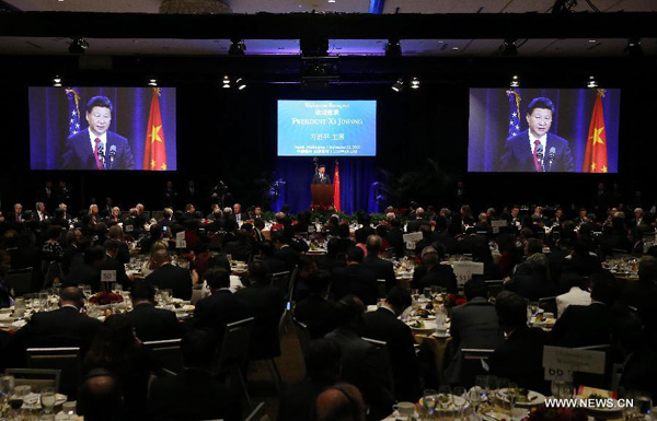 Chinese President Xi Jinping (C) delivers a speech during a welcome banquet jointly hosted by Washington State government and friendly communities in Seattle, the United States, Sept. 22, 2015. Xi arrived in this east Pacific coast city on Tuesday morning for his first state visit to the U.S. (Xinhua) Chinese President Xi Jinping (C) delivers a speech during a welcome banquet jointly hosted by Washington State government and friendly communities in Seattle, the United States, Sept. 22, 2015. Xi arrived in this east Pacific coast city on Tuesday morning for his first state visit to the U.S. (Xinhua)