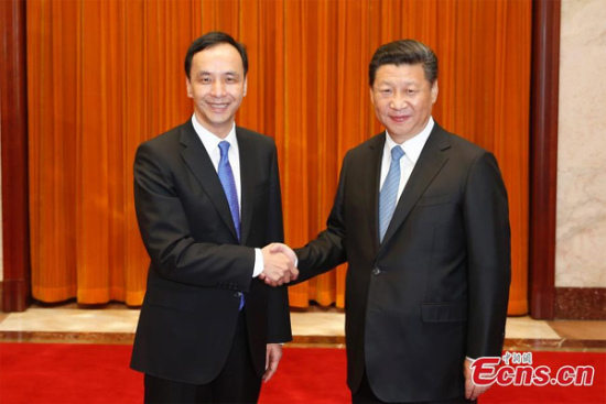 Xi Jinping (R), general secretary of the Communist Party of China Central Committee, meets then Kuomintang (KMT) Chairman Eric Chu, May 4, 2015 in Beijing. (Photo/China News Service) Xi Jinping (R), general secretary of the Communist Party of China Central Committee, meets then Kuomintang (KMT) Chairman Eric Chu, May 4, 2015 in Beijing. (Photo/China News Service)