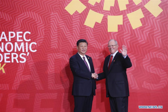 Chinese President Xi Jinping (L) is welcomed by Peruvian President Pedro Pablo Kuczynski before the 24th APEC Economic Leaders' Meeting in Lima, Peru, Nov. 20, 2016. (Photo: Xinhua//Pang Xinglei) Chinese President Xi Jinping (L) is welcomed by Peruvian President Pedro Pablo Kuczynski before the 24th APEC Economic Leaders' Meeting in Lima, Peru, Nov. 20, 2016. (Photo: Xinhua//Pang Xinglei)