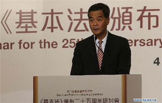Hong Kong Chief Executive Leung Chun-ying speaks at a seminar for the 25th anniversary of the promulgation of the Basic Law in Hong Kong, April 4, 2015. (Photo/Xinhua) Hong Kong Chief Executive Leung Chun-ying speaks at a seminar for the 25th anniversary of the promulgation of the Basic Law in Hong Kong, April 4, 2015. (Photo/Xinhua)