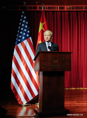 Chinese Ambassador to the United States Cui Tiankai speaks at the Chinese embassy's New Year reception in Washington, D.C., the United States, Feb. 1, 2017. China and the United States should always cooperate in the face of challenges, Chinese Ambassador to the United States Cui Tiankai said Wednesday. (Xinhua/Liu Yang) Chinese Ambassador to the United States Cui Tiankai speaks at the Chinese embassy's New Year reception in Washington, D.C., the United States, Feb. 1, 2017. China and the United States should always cooperate in the face of challenges, Chinese Ambassador to the United States Cui Tiankai said Wednesday. (Xinhua/Liu Yang)