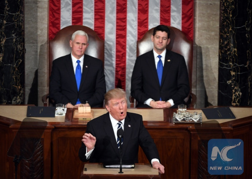 U.S. President Donald Trump (front) addresses the joint session of Congress, as Vice President Mike Pence (L) and House Speaker Paul Ryan listen, on Capitol Hill in Washington D.C., the United States, Feb. 28, 2017. (Xinhua/Yin Bogu) U.S. President Donald Trump (front) addresses the joint session of Congress, as Vice President Mike Pence (L) and House Speaker Paul Ryan listen, on Capitol Hill in Washington D.C., the United States, Feb. 28, 2017. (Xinhua/Yin Bogu)