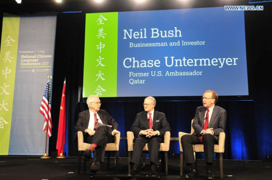 Charles Foster (L), chairman of U.S.-China Partnership and former chairman of Asia Society Texas Center, Chase Untermeyer (C), former U.S. Ambassador to Qatar, and Neil Bush, the son and private representative to former U.S. President George H. W. Bush discuss during the National Chinese Language Conference 2017 in Houston, the United States, April 7, 2017. (Xinhua/Zhang Yongxing) Charles Foster (L), chairman of U.S.-China Partnership and former chairman of Asia Society Texas Center, Chase Untermeyer (C), former U.S. Ambassador to Qatar, and Neil Bush, the son and private representative to former U.S. President George H. W. Bush discuss during the National Chinese Language Conference 2017 in Houston, the United States, April 7, 2017. (Xinhua/Zhang Yongxing)