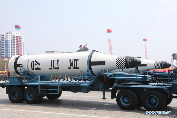 A submarine-launched ballistic missile is displayed during a military parade in central Pyongyang, April 15, 2017. (Photo/Xinhua) A submarine-launched ballistic missile is displayed during a military parade in central Pyongyang, April 15, 2017. (Photo/Xinhua)