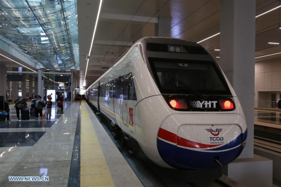 Photo taken on April 30, 2017 shows a train of Istanbul-Ankara high-speed railway in Ankara Station, Turkey. The second phrase of the principal project of Ankara-Istanbul high-speed railway, built jointly by Chinese-Turkish consortium, was completed in July 2014. (Xinhua/Qin Yanyang) Photo taken on April 30, 2017 shows a train of Istanbul-Ankara high-speed railway in Ankara Station, Turkey. The second phrase of the principal project of Ankara-Istanbul high-speed railway, built jointly by Chinese-Turkish consortium, was completed in July 2014. (Xinhua/Qin Yanyang)
