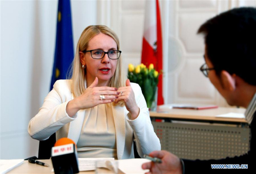 Austrian Minister for Digital and Economic Affairs Margarete Schrambock receives an interview with Xinhua in Vienna, Austria, on April 4, 2018. (Xinhua/Pan Xu) Austrian Minister for Digital and Economic Affairs Margarete Schrambock receives an interview with Xinhua in Vienna, Austria, on April 4, 2018. (Xinhua/Pan Xu)